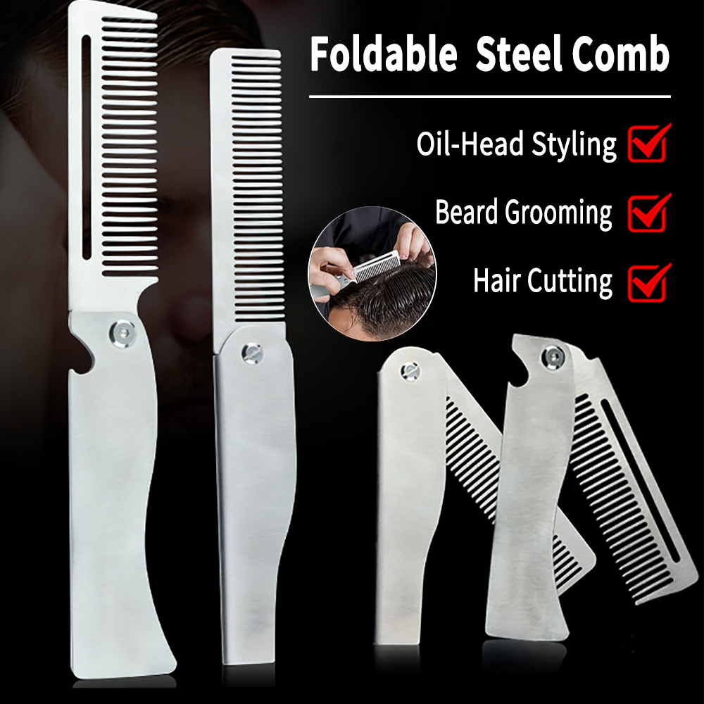 Men'S Grooming Brush - 新型1/2個入り携帯用スチールコーム折りたたみ式ポケット髭コーム男性用オイルヘッドヘアスタイリングコームサロン理髪ツールヘアカット用