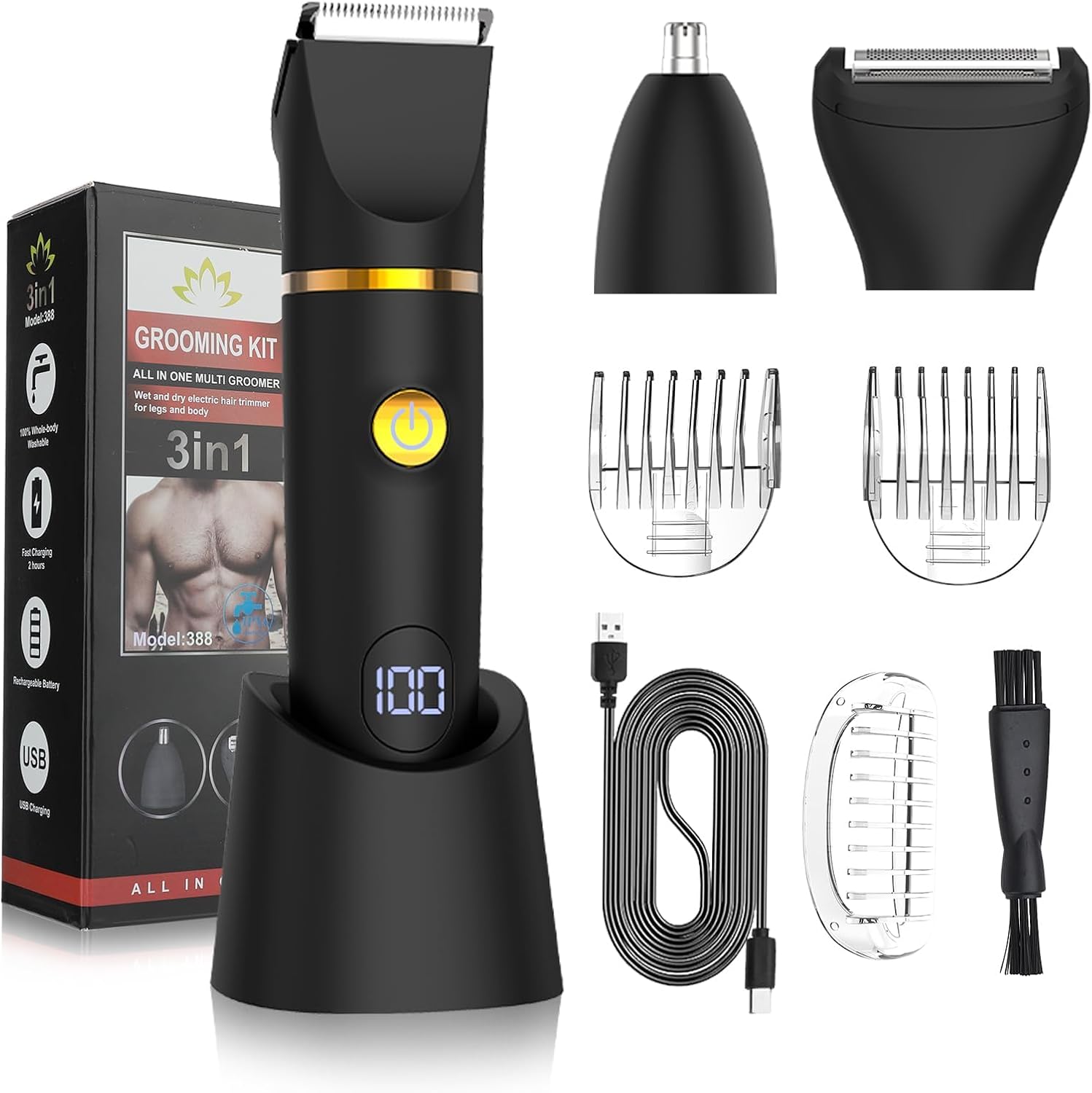 Men'S Grooming Hair And Body Wash - 男性女性用ボディトリマー、3 in 1グルーミングキット、鼻毛/陰部/胸毛用電動トリマー、シェーバー