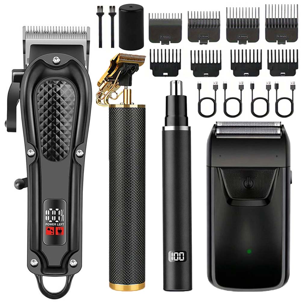 Men'S Grooming Guide - プロ仕様の4-in-1ヘアクリッパー＆トリマーセット（男性用） – LCDディスプレイ付きコードレスグルーミングキット、USB充電式、ひげトリマー、電気シェーバー、鼻毛トリマー、複数のガイドコーム付き – 家庭用および理髪店での使用に最適