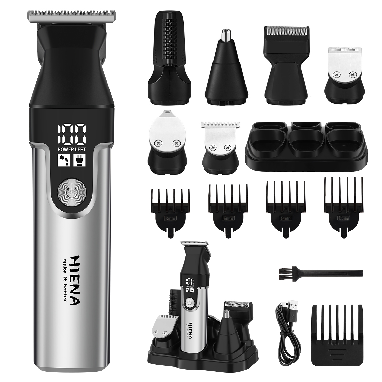 Men'S Grooming Guide - HIENAプロフェッショナル多機能バリカンセット、R型調整可能刃コードレスバリカン（LEDディスプレイ付き）、耳毛・鼻毛トリマー、6種類のガイドコーム＆トリマーヘッド、男性用グルーミングキット、充電式、USB充電、コードレスヘアカット