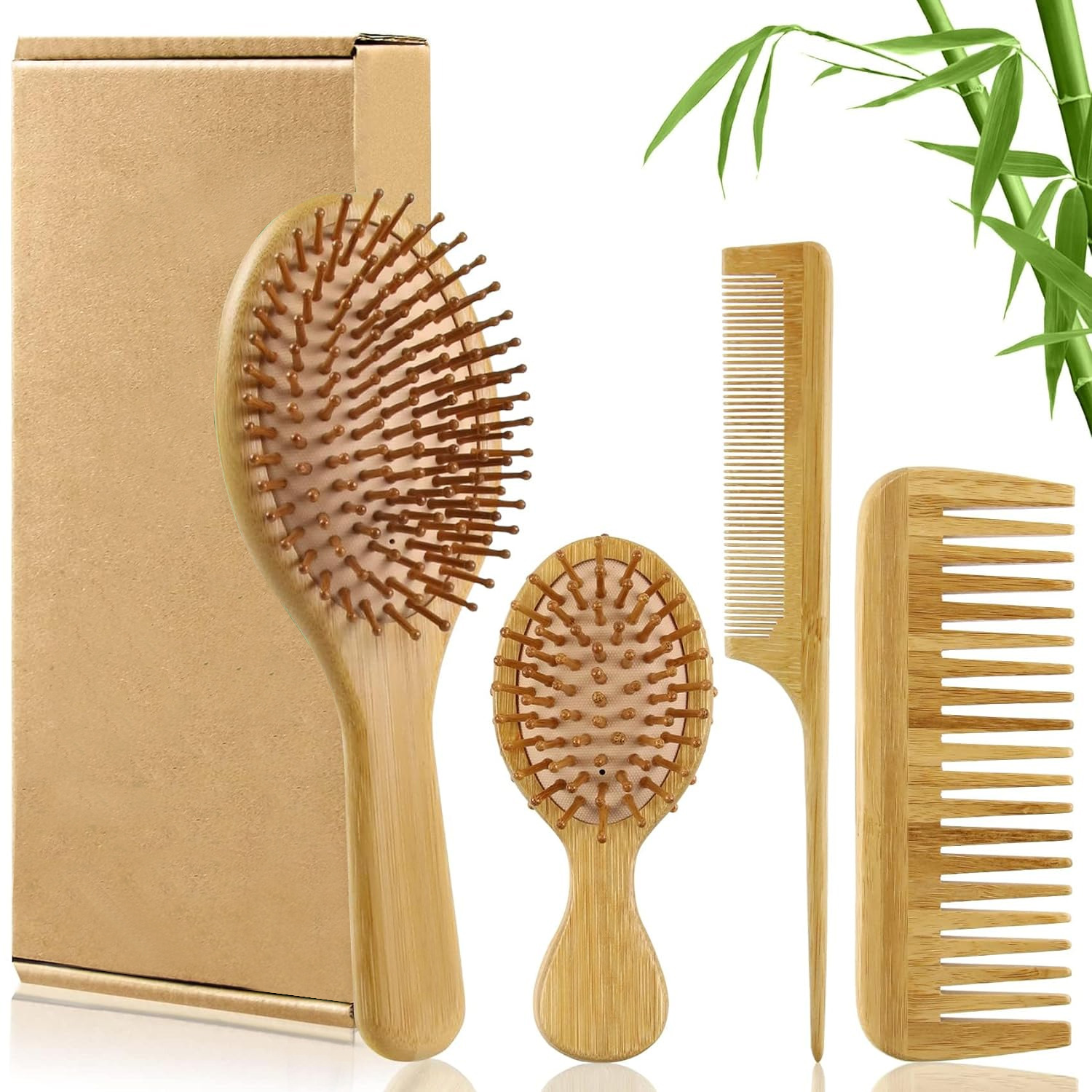Men'S Grooming Brush - 竹製ヘアブラシ＆コームセット（男女兼用）、木製ワイドトゥースブラシとテールコーム - 濡れた髪や乾いた髪、巻き毛用のパドル型デタングリングブラシ
